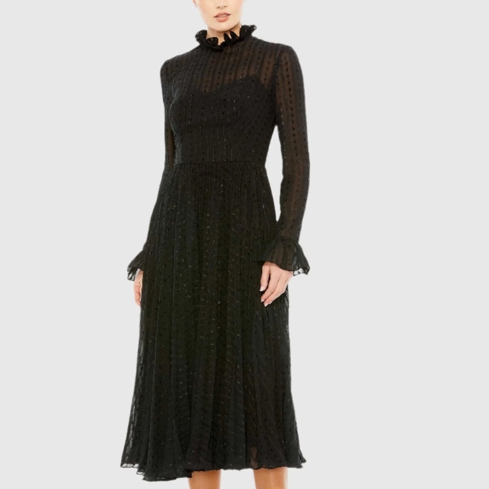 Black Long-Sleeve Midi Dress with Ruffle Neck